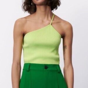 Zara Asymmetric Knit Ribbed Top in Green Size Small